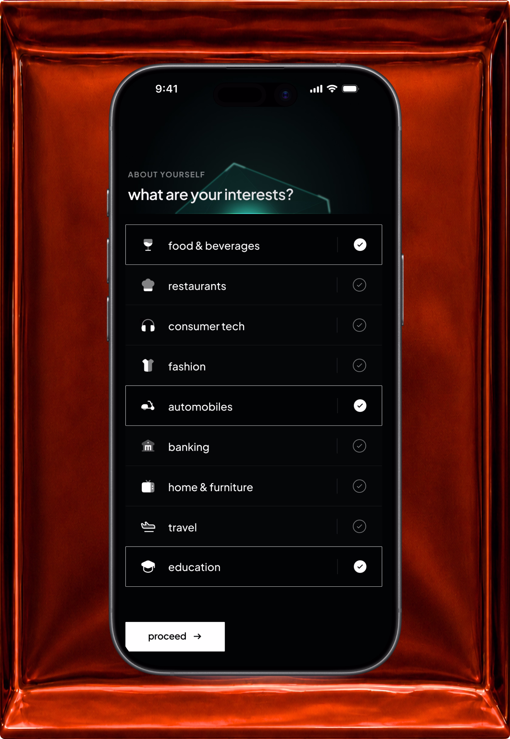 Interests onboarding mobile pouch
